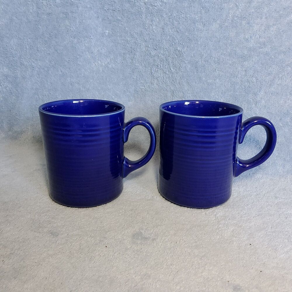 2 Vintage Signature Stoneware Cobalt Blue Collectible Ceramic Mugs Made In Japan